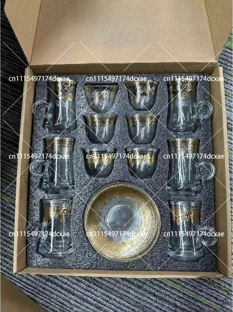 18Pcs Turkish Coffee Cup Set with Gold Foil Teacups Saucers Spoons, Middle Eastern Tea Glass Serving Kit