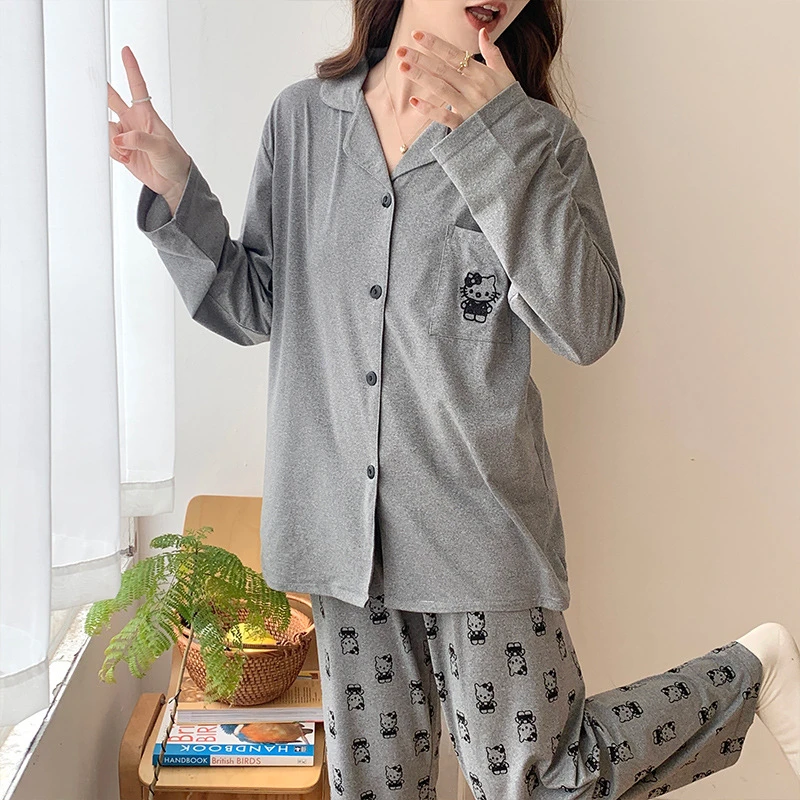 Autumn Women Pajamas Set Two Pieces Sleepwear Lapel Button Cardigan Outfits for Women Long-Sleeved Homewear Girls Pajamas