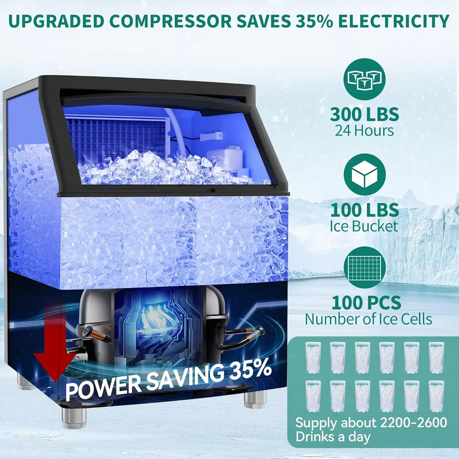 Under Counter Commercial Ice Maker Freestanding Design Upgraded Compressor 126 Cubic Inch Ice Production Large Storage Bin