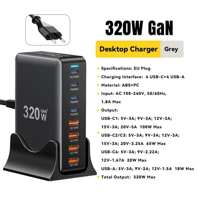 Top! 320W GaN Charger 8Port USB Type C Desktop Charging Station PD 100W Fast Charging For iPhone 16 15 14 iPad MacBook Laptop