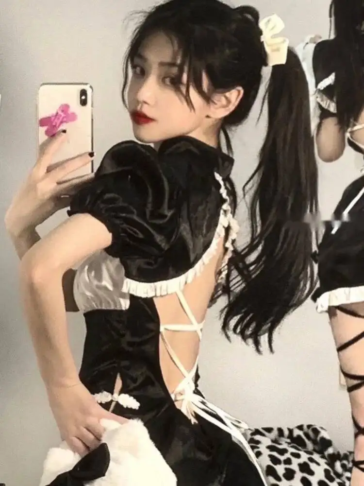 WOMENGAGA zoete Chinese cheongsam stijl backless Slash hals retro mini jurk kant ruches meid Lolita hot sexy koreaanse top A8BG