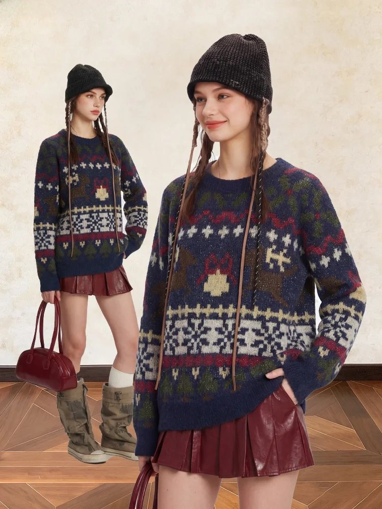 

Retro Sle Fair Isle Knit round Ne Pullover Sweater Women Loose Lazy Couples Knitted irt Upper Body Spring Winter