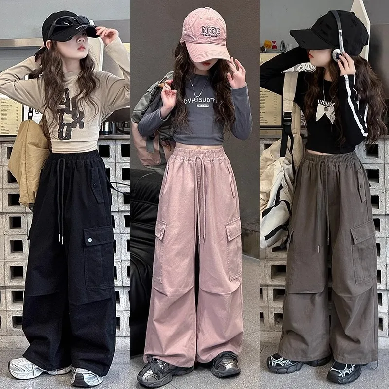 3 colors 2026 1pc spring teens tracksuit hip hop dancer Girls cloth loose long wide leg Cargo pant Kid 4 5 6 7 8 9 10 11 12 year
