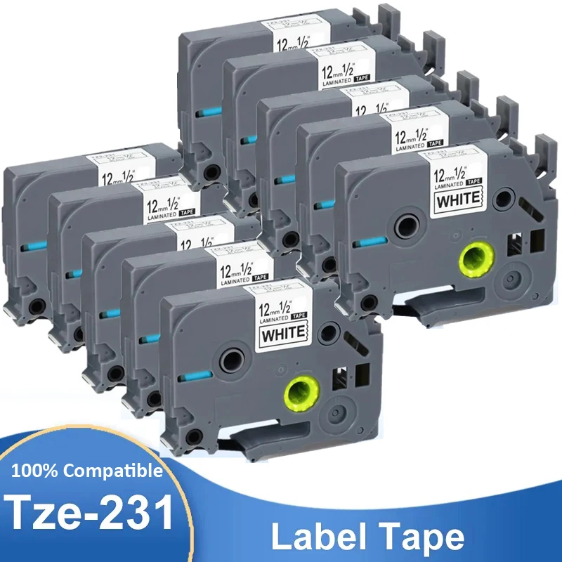 10pcs 12mm TZ231 Label Tape TZ 231 TZ-231 Black ON White Tape Compatible for Brother Ptouch Label Maker Ribbon tze231 For PTH110