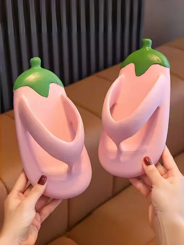 

2026 Summer Eggplant Flip Flops Women Men Kids Cute Novelty Thick Sole Non Slip Soft Cushion Beach Sandals Casual Couple Slides