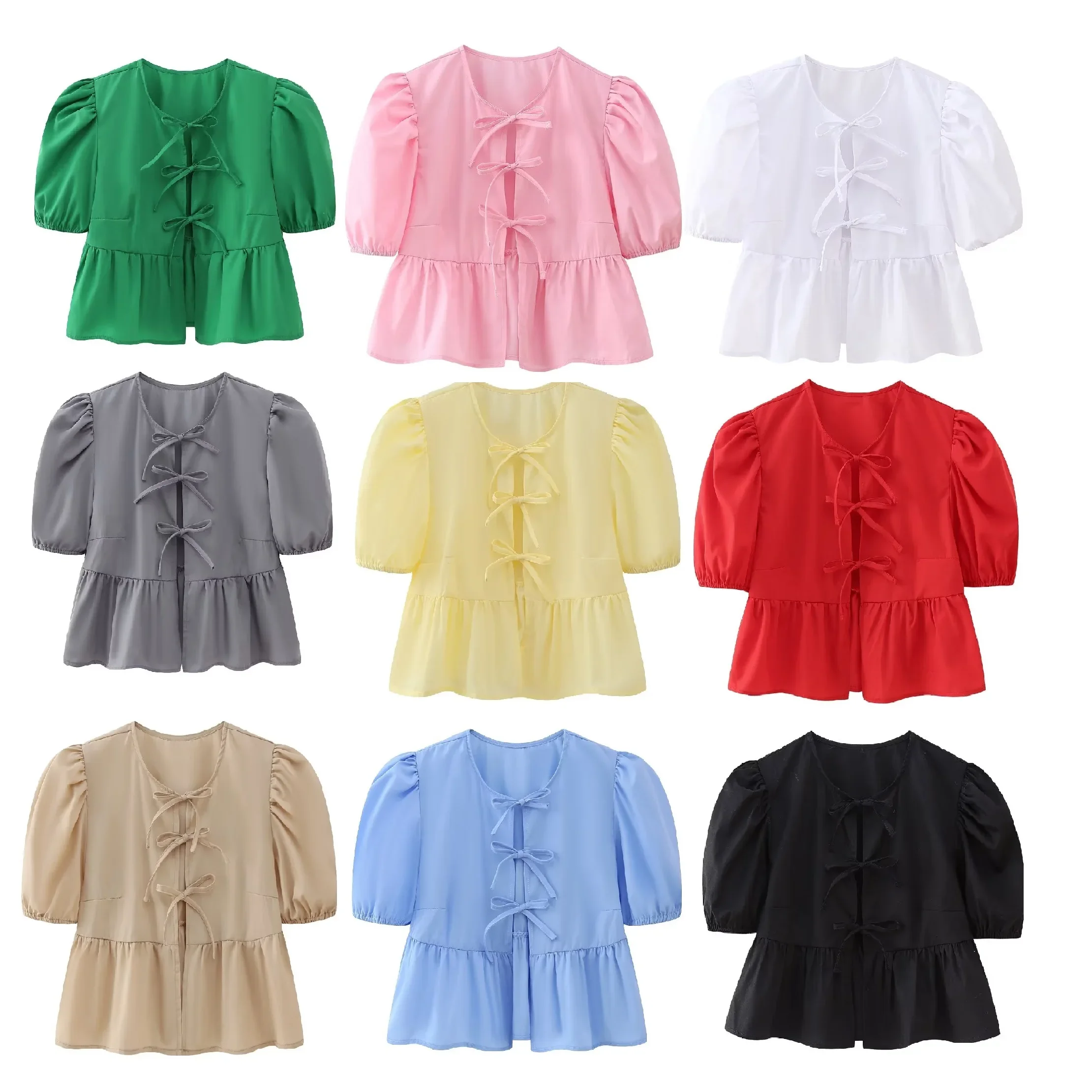 Tangada 2024 Women Summer Shirt Puff Short Sleeve Bow Female Blouse Tops BE012