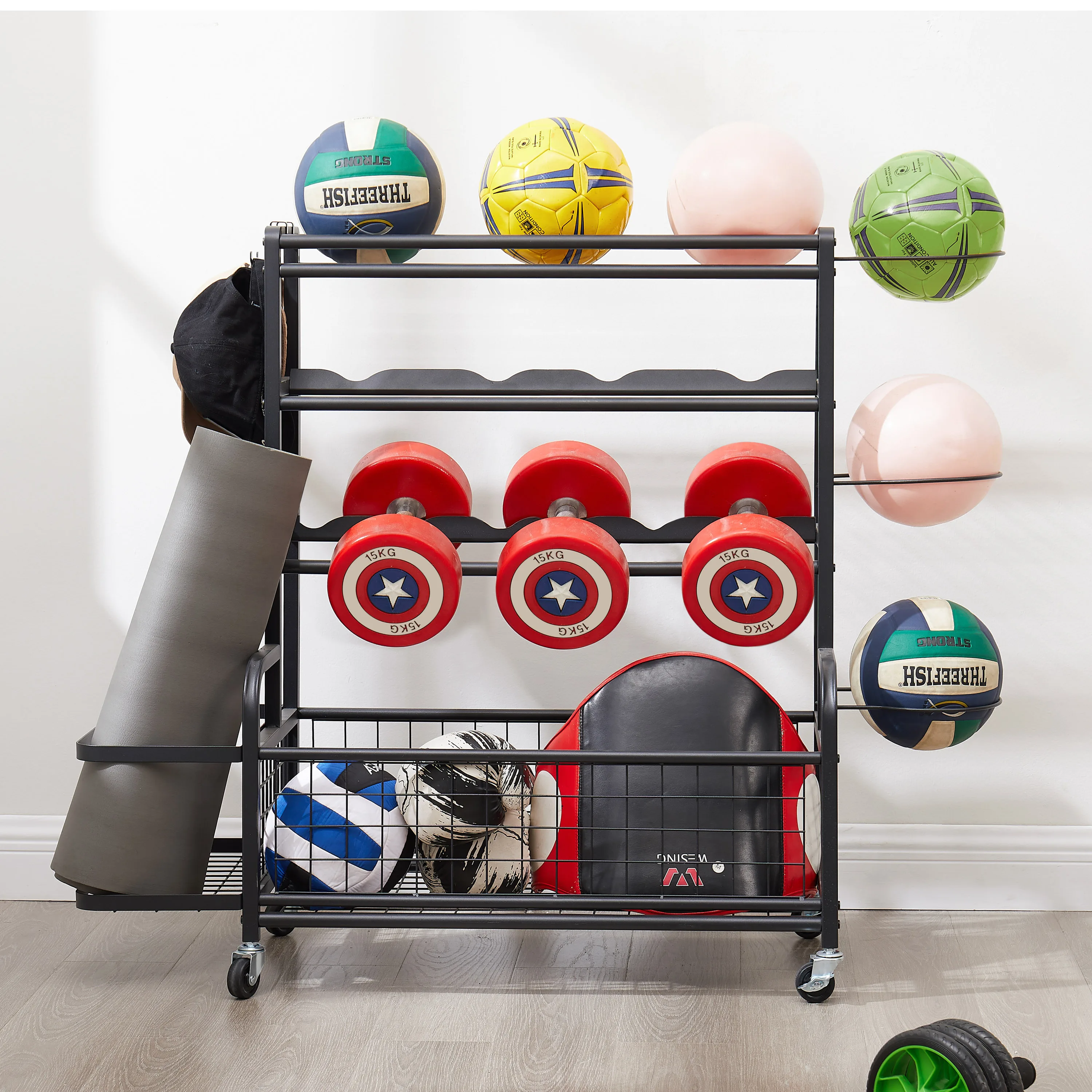 4 Tier Metal Storage Organizer with Rolling Wheels for Basketball Sports Equipment Organizer for Yoga Mat  Football