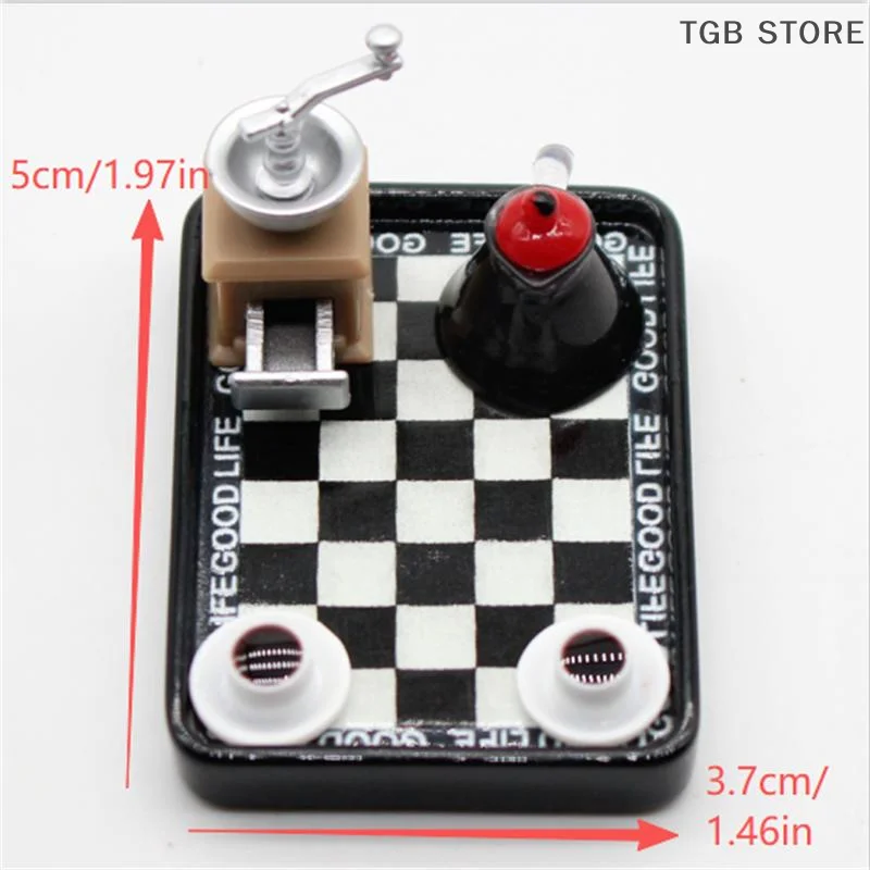 1Set Miniature Coffee Maker Grinder Black And White Checkered Dinner Plate Set Model Accessories Pretend Play Toy
