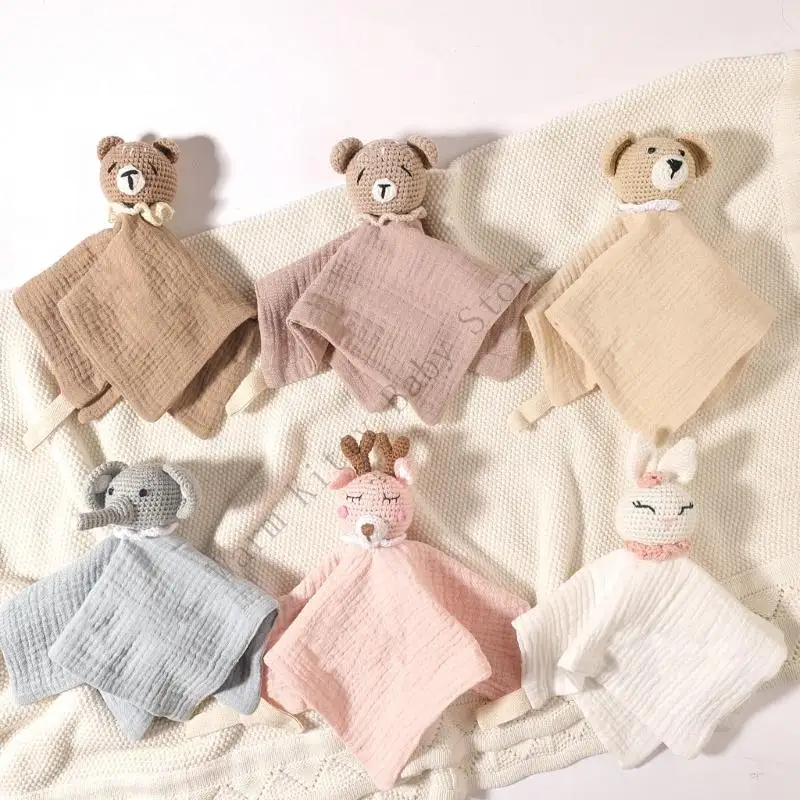 Cotton Muslin Baby Appease Towel with Crochet Animal Doll Newborn Sleeping Soothing Security Blanket Kid Face Towel Handkerchief