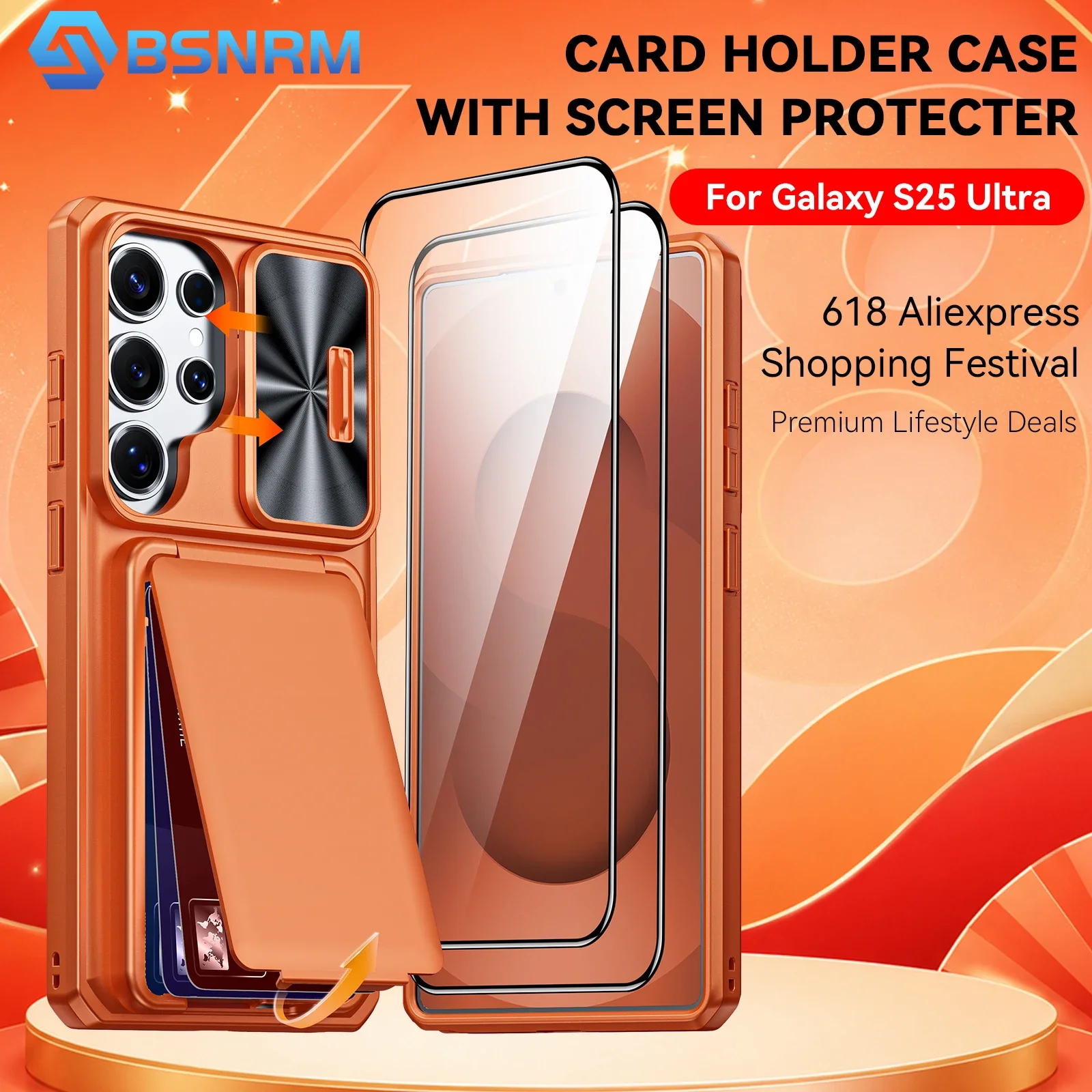 618 Hot Deals For Samsung Galaxy S25 Ultra Phone Case with Kickstand,Card Holder(RFID Shielding)Camera Lens Cover Case-Orange