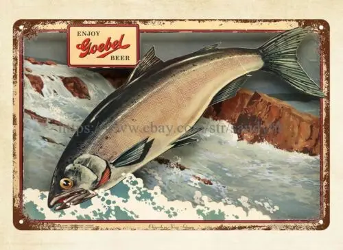 GOEBEL BEER SIGN WITH LEAPING KING SALMON 1954 metal tin sign wall decor