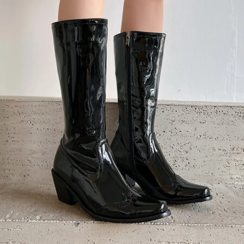 

Women's Knee High Boots Sexy Western Winter Shoes Black White Pink Rose Heeled Long Cowboys Boot Ladies Large Size 45 Comfort