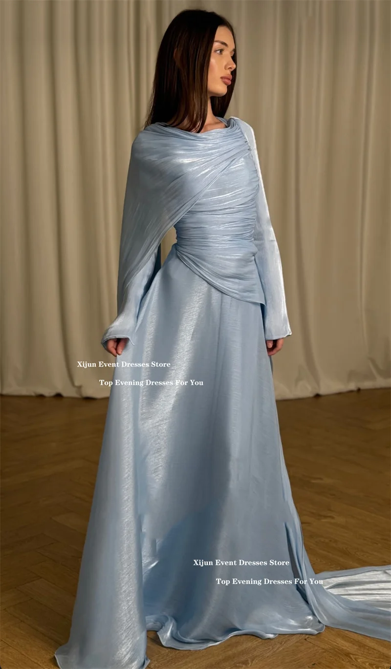Xijun Elegant Sky Blue Long Evening Dresses Pleated A-Line Formal Prom Dresses Cape Sleeve Luxury Dubai Prom Gowns Customized image 3