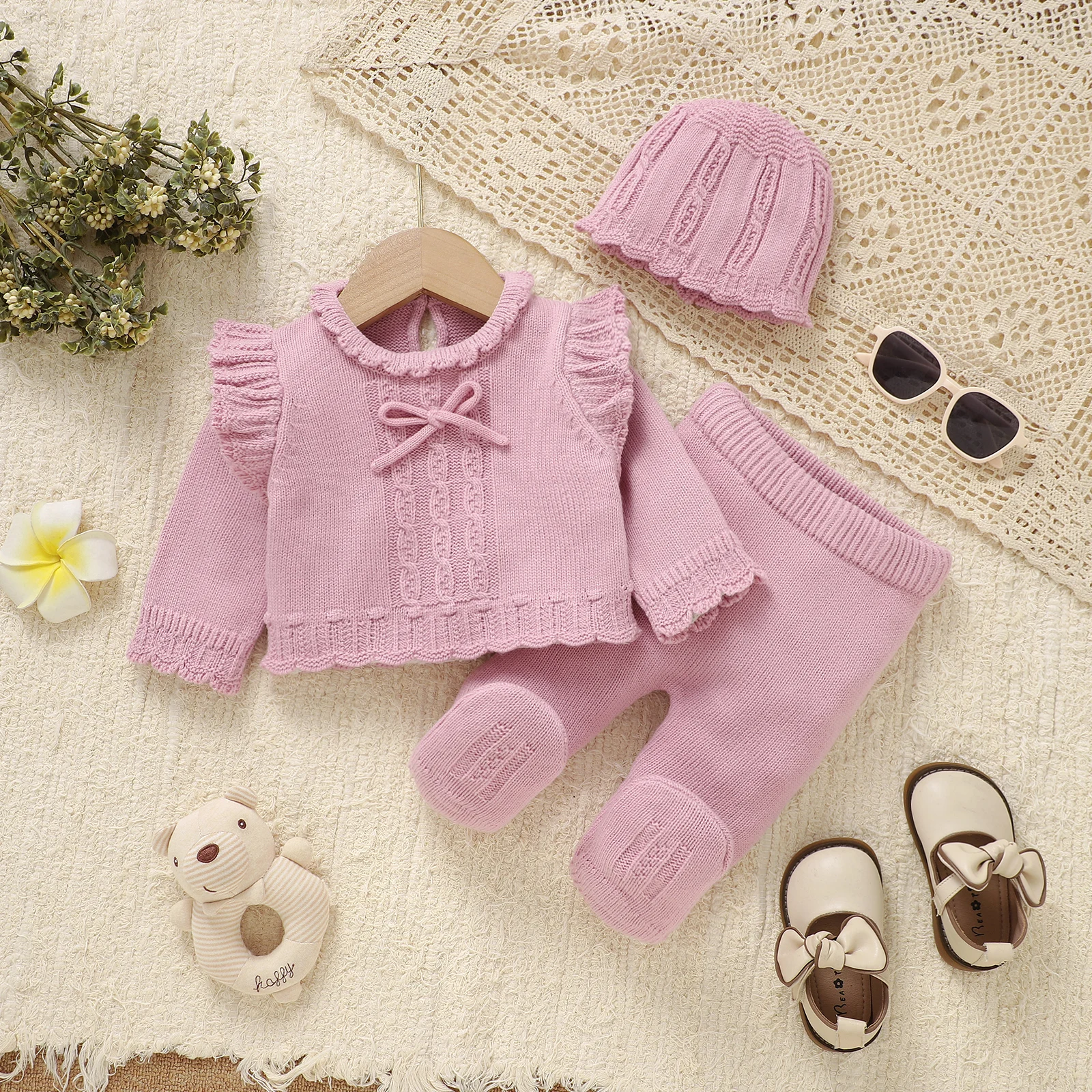 Baby Clothes Sets Cotton Knit Newborn Pullover Trousers Cap 0-12M Warm Playsuit Infant Boy Girl Sweater Pants Foot Wrap Hat 3pcs