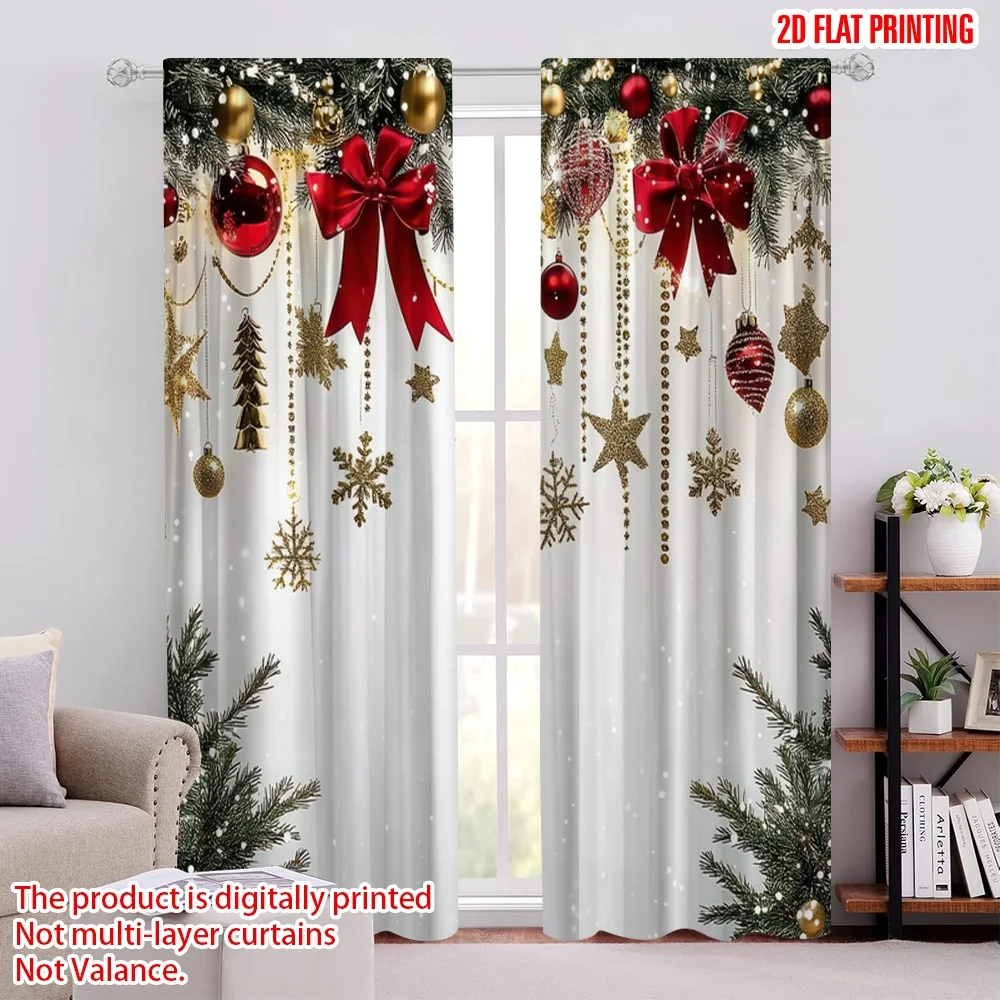 

2pcs 2D flat printing Merry Christmas Curtain red bow Durable 100% Polyester Fabric Without Electricity Spring Party & Holiday