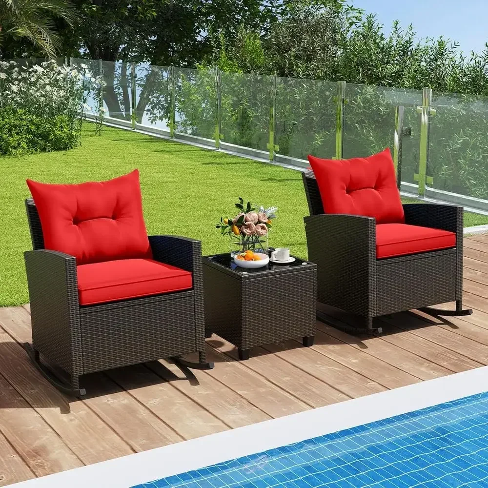 Rattan Wicker 3-Piece Bistro Set with Cushions and Glass Table for Outdoor Patio or Balcony (Brown-Red)