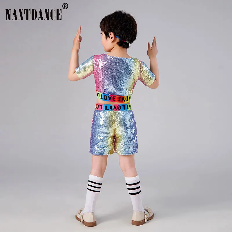 Mädchen Hip-Hop Jazz Dance Kostüm Straße Moderne Ballsaal Dancewear Kinder Kind Tanzen Kleidung Set Pailletten Crop Top mit Shorts