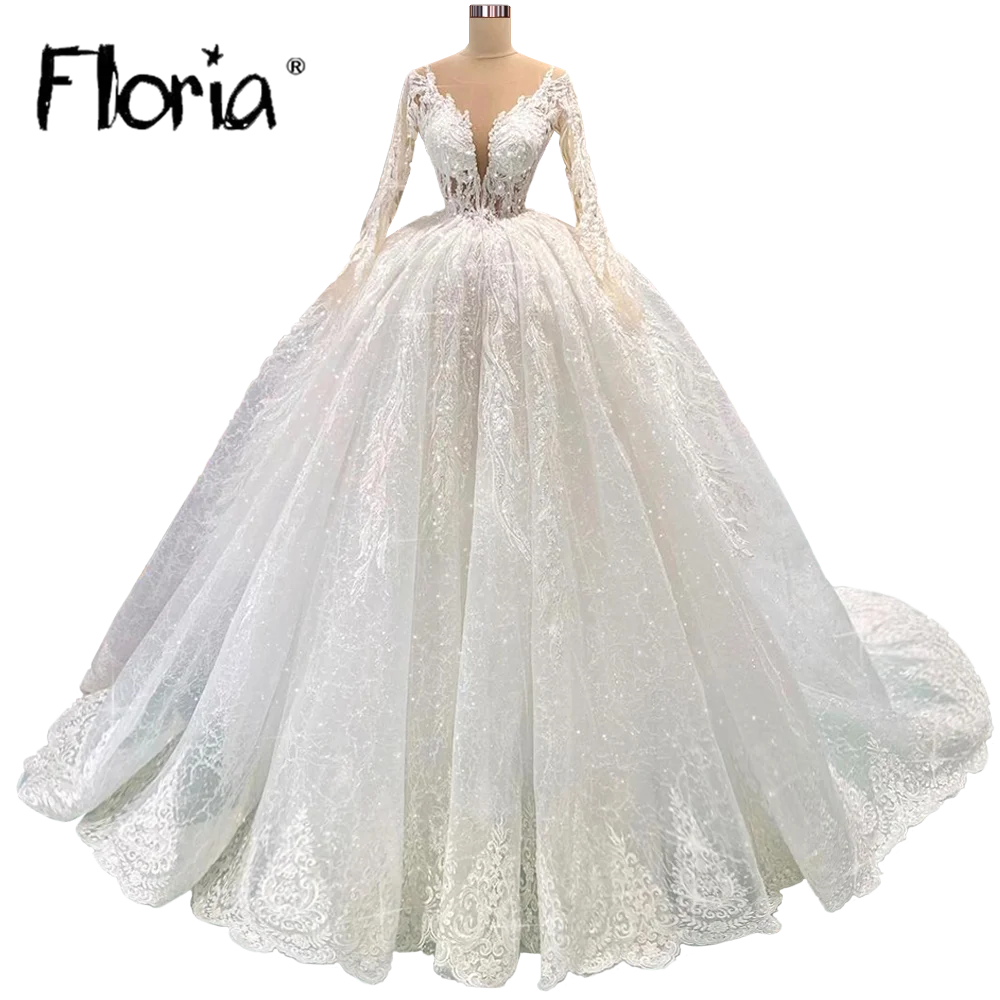 Abiti da sposa a maniche lunghe con scollo a V profondo di lusso per le donne abito da sposa con cristalli di perline stile Dubai abiti da sposa splendidi formali