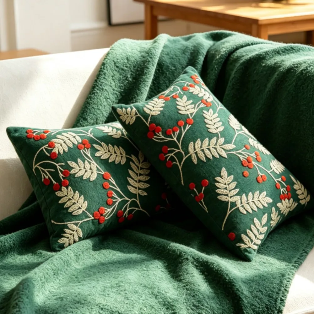 Christmas Throw Pillow Covers Holly Berry Embroidered Green Xmas Decorative Cushion Cases for Sofa Living Room Holiday Gift