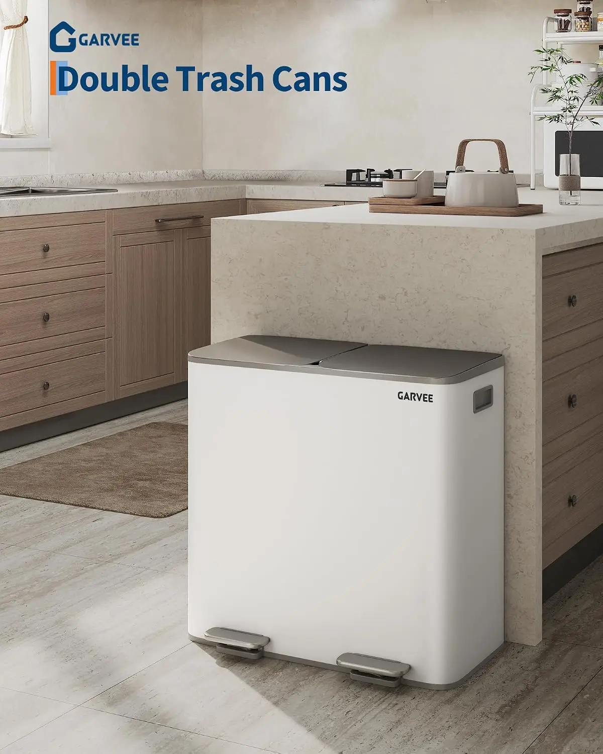 Poubelle de cuisine anti-odeurs à 2 compartiments 2x40L en acier inoxydable – poubelle à fermeture douce avec seaux intérieurs amovibles, résistante aux traces de doigts – pour la séparation des déchets et le recyclage, gris-blanc