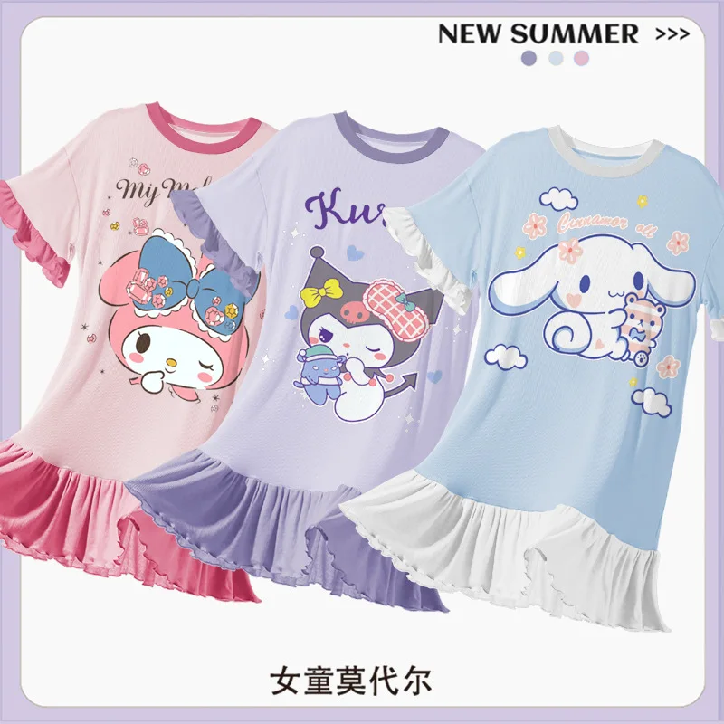 

Anime Sanrio Nightdress My Melody Kuromi Cinnamoroll Pajamas Cartoon Woman Pajamas Summer Girl Dress Parent-Child Home Clothes