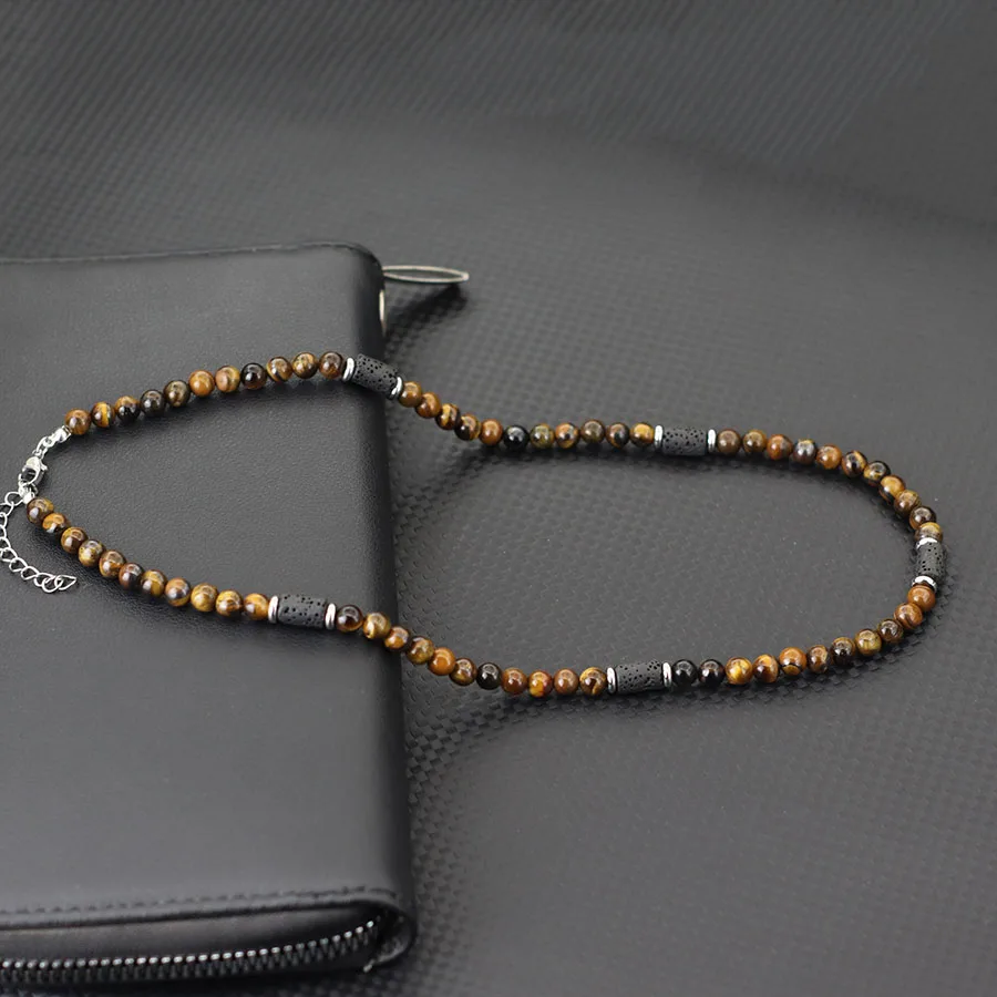 New Natural Stone Men Necklace 6mm Tiger Eyes Volcanic Rock Beads Collar Healing Neck Jewelry Accessories Perfect Gift For Him