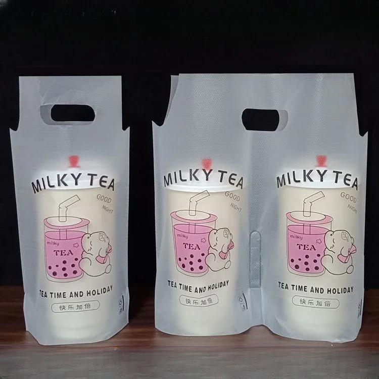 

200pcs Thick Coffee Milk Tea Handbag Disposable Cartoon 1cup 2cups Packaging Bags Plastic Embossed Beverage Takeaway Pocket