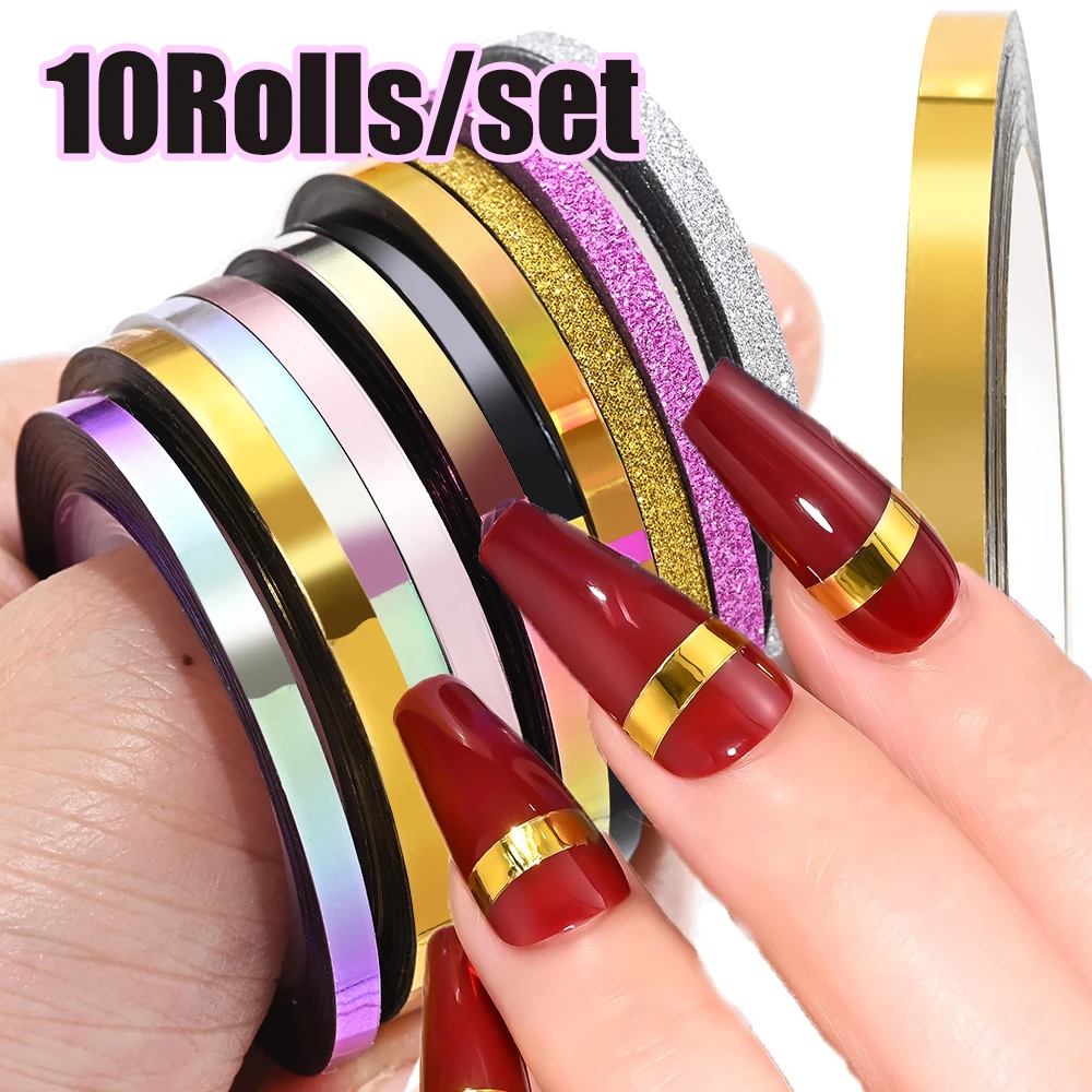 10 rolos/conjunto 3d metálico prego striping linha 1mm 2mm 3mm ouro/prata/cores laser striping fita linha decalque do prego diy linha adesivo