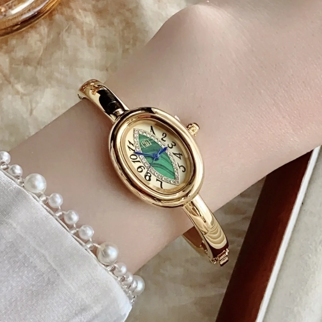 Pulsera de marca, brazalete, reloj dorado, esfera ovalada, relojes de pulsera de regalo para mujer y niña, relojes de cuarzo con correa de acero inoxidable para mujer
