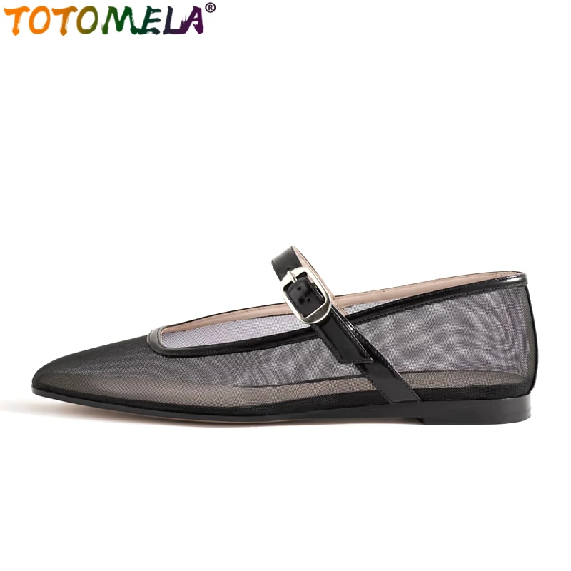 TOTOMELA Ins Size 35-45 Women Breath Mesh Ballet Flats Shoes Fishnet Mary Jane Low Heels Summer Shoes Black Daily Dress Shoes