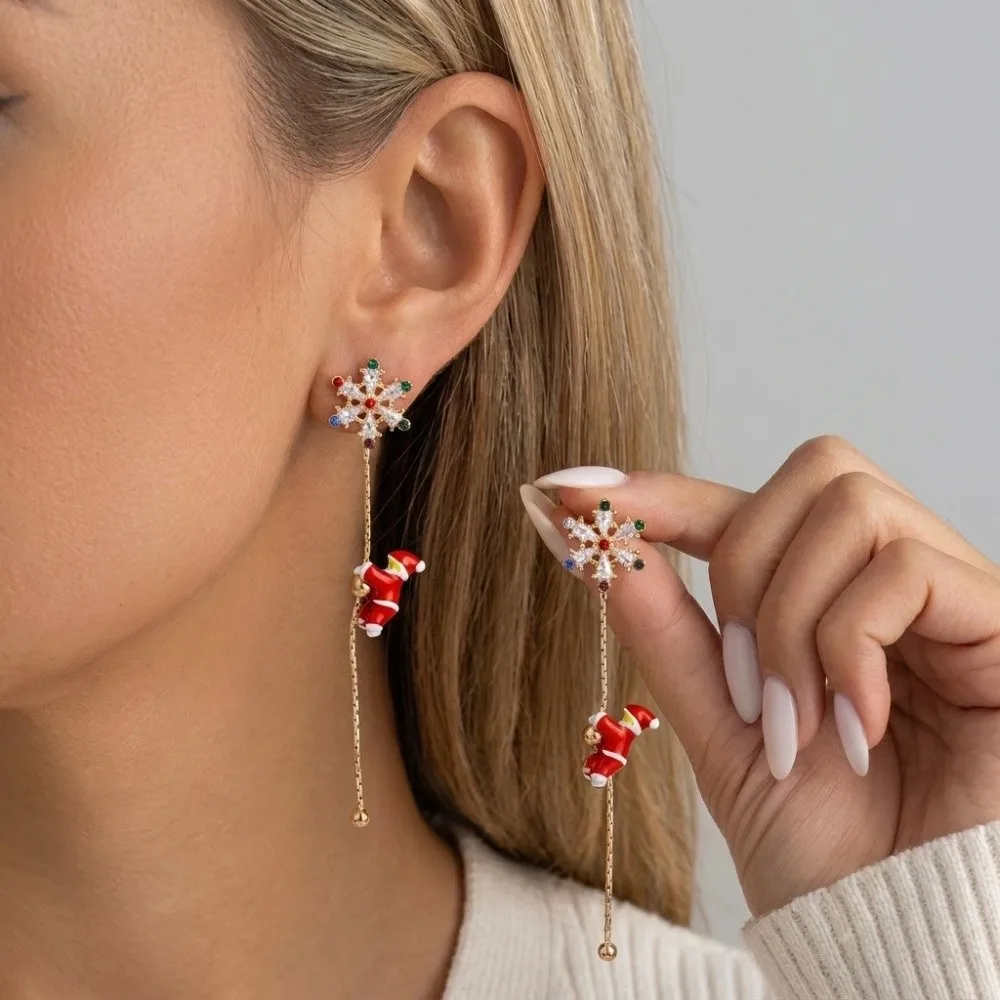 Asymmetric Design Christmas Dangle Earrings Zircon Star Enamel Snowman Drop Earrings For Women Moving Santa Claus Red Hat Gloves