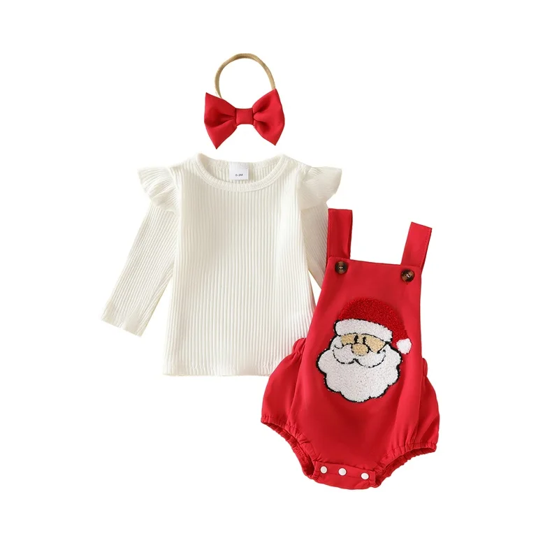 

Baby Girl Christmas Outfits Solid Color Romper Santa Embroidery Suspender Shorts Headband 3Pcs Fall Clothes Set