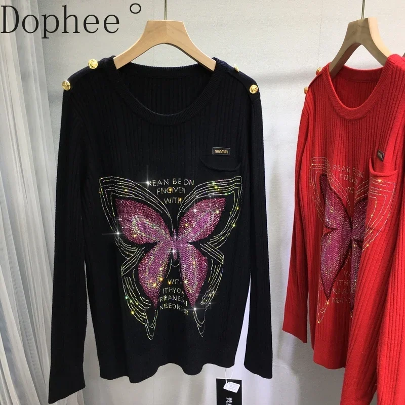 Age Reduction Female Sweater New Autumn Winter Shiny Butterfly Hot Drilling O-neck Pullover Top Long Sleeve Basic Knitted Jumper