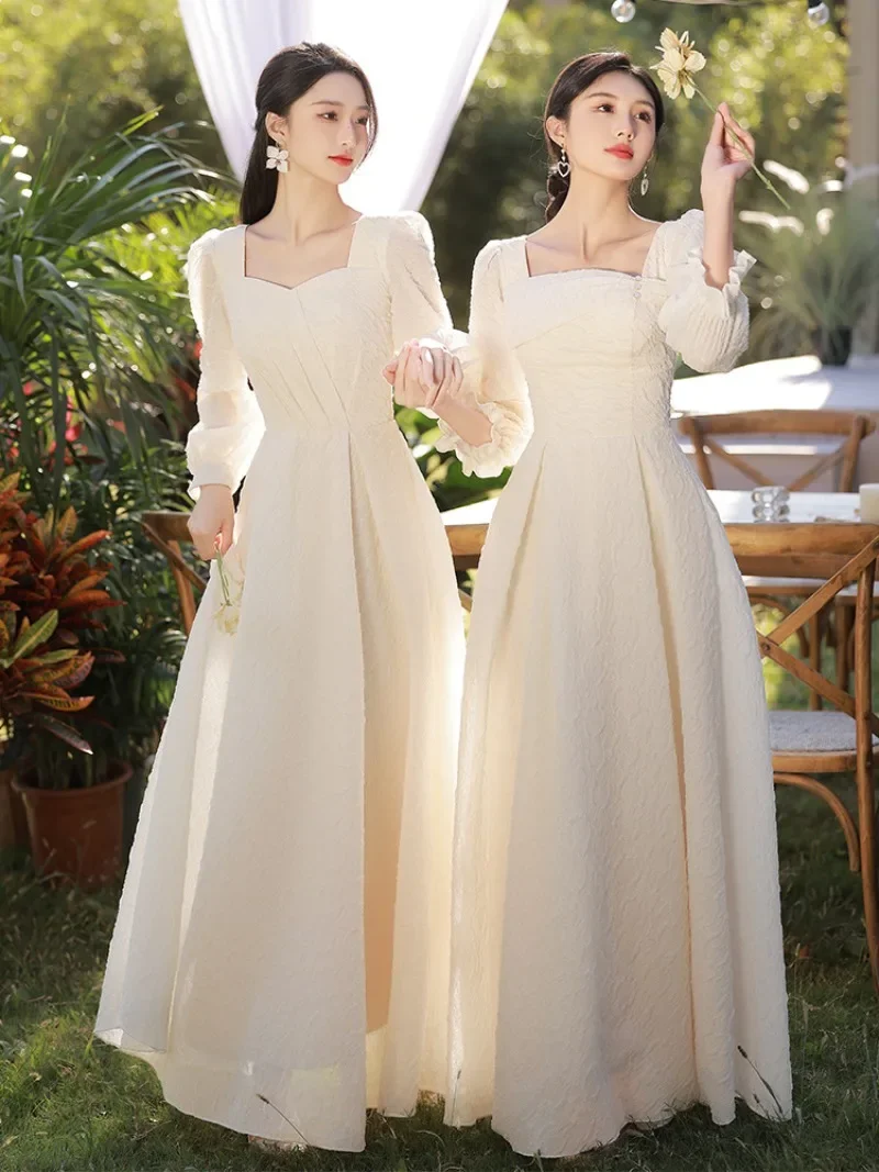 Champagne Bridesmaid Party Dress Women 2023 Chinese Style Long Sleeve Skirts A-line Slim Banquet Vestidos Women's Prom Dresses