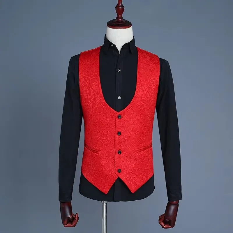 남성 패션 슬림 수트 쓰리피스 플로럴 자카드 웨딩 턱시도 핑크와 화이트 핏 신랑 사진 촬영 파티 연회 의상