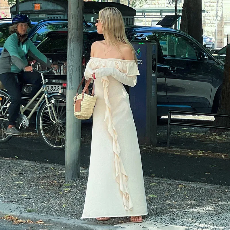 

Elegant Ruffles Knit Maxi Dress Autumn Women Sexy Off Shoulder Long Sleeve Bodycon Evening Party Dress High Slit Dresses 2023