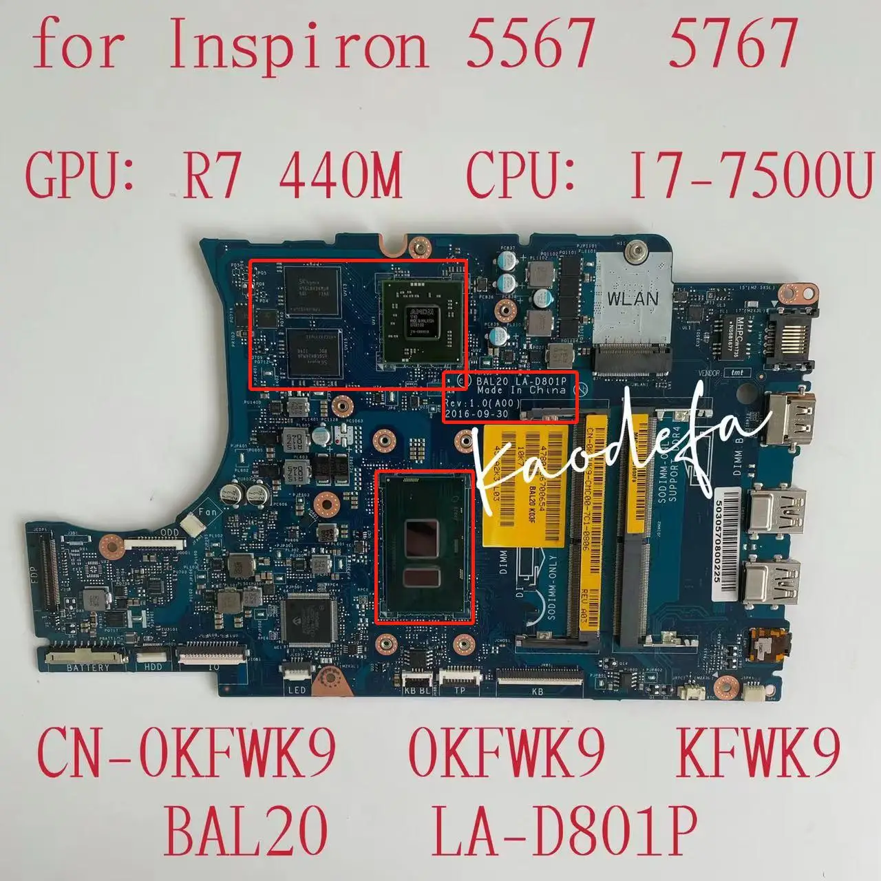 

BAL20 LA-D801P For dell Inspiron 5567 5767 Laptop Motherboard With i7-7500U 216-0889018CN-0KFWK9 KFWK9 CN-0VMRRP VMRRP 100%Test