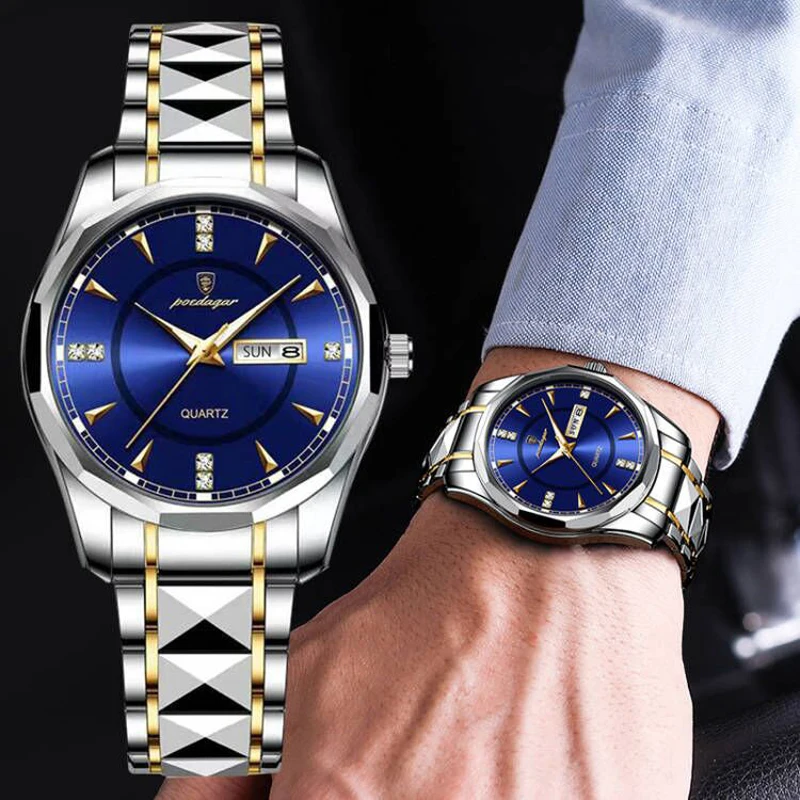 

POEDAGAR Fashion Casual Men Watch Top Brand Stainless Steel Waterproof Watches Complete Calendar Luminous Pointer Quartz Clock