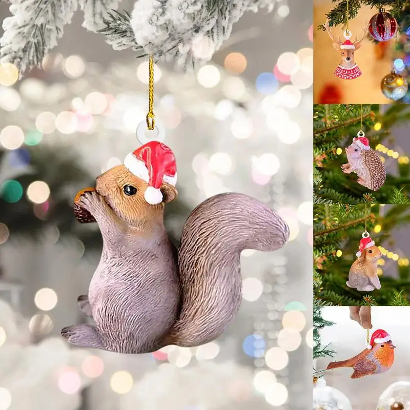 1pcs Cute Elk Bird Rabbit Squirrel Hedgehog Christmas Decoration Pendant 2D Acrylic Interesting Christmas Tree Hanging Ornaments