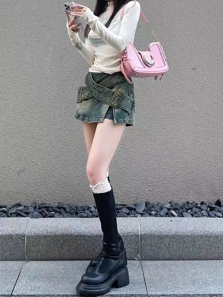 

Falda женские Hotsweet винтажные Y2K облегающие ретро трешные джинсовые юбки 2025 летняя повседневная мини-юбка в стиле панк с поясом