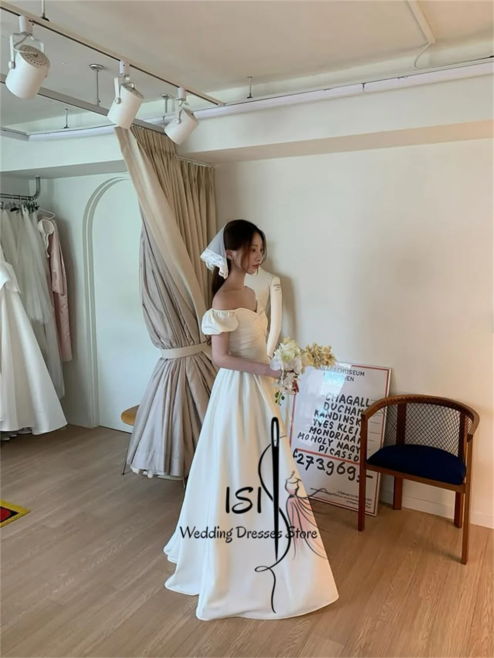ISI Elegant A-line Off the Shoulder Pleat Wedding Dresses Koreaa Photo shoot Floor Length Quality Satin Bridal Gowns Customized
