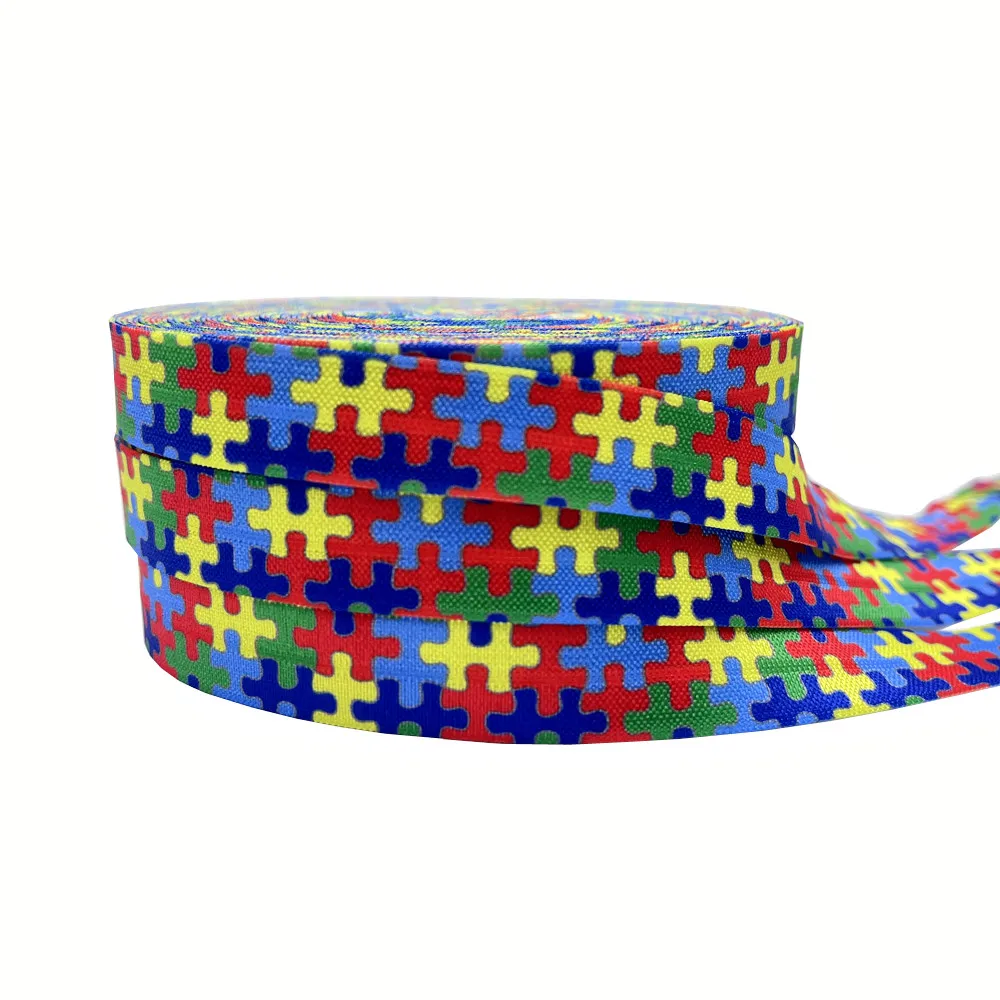 10Yard Autism Awareness Print Fold Over Elastic 15MM Colorful FOE Ribbon For DIY Headwear Gift Webbing Accessories