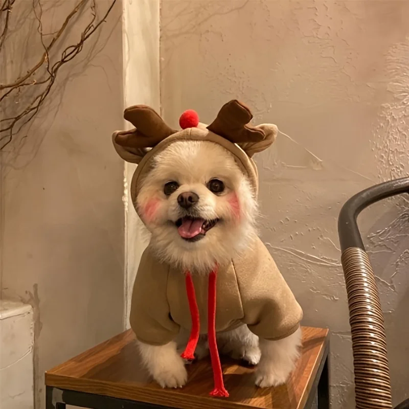 Verwandelnder Haustierpullover mit Hirschgeweih Kapuzenpullover für kleine bis mittelgroße Hunde Weihnachtskostüm – Detail 6