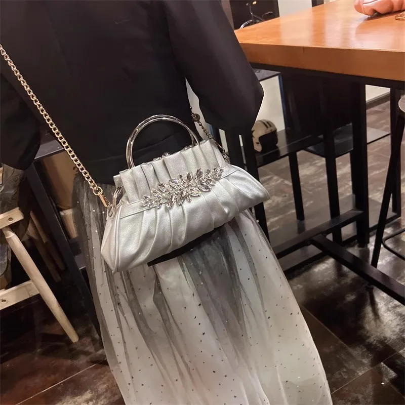 Fashion Pleated Cloud Bag Women's Handbag Crystal Shiny Rhinestones Diamond Evening Bag Wedding Party Clutch Purse Crossbody Bag