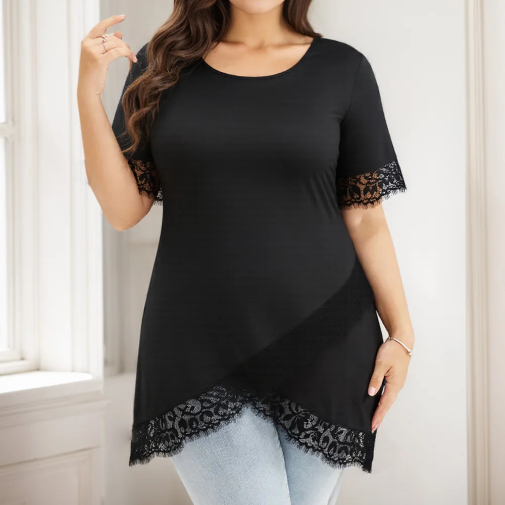 حجم كبير المرأة الصلبة الدانتيل الجولة الرقبة قصيرة الأكمام تونك القمم السيدات الصيف عطلة بلوزة كاجوال تي شيرت تي شيرت حجم 1XL-5XL
