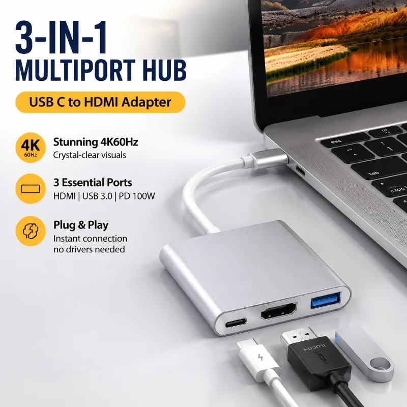 Type-C To HDMI 3-in-1 Expansion Hub 4K Ultra HD Transfer Cable Smartphone Laptop Video Converter High Definition Signal Extender