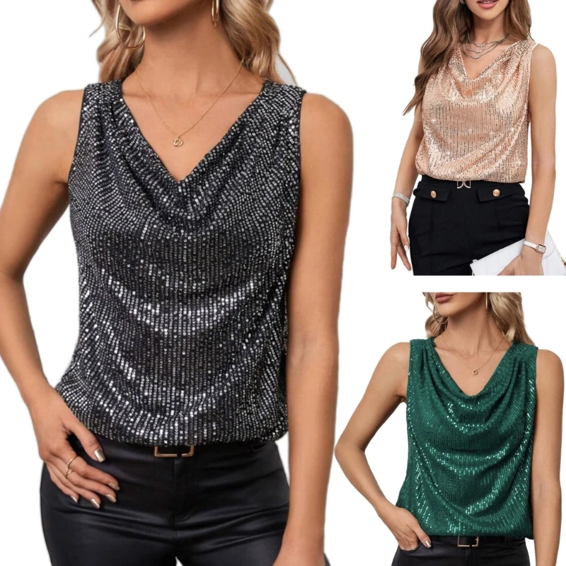 Women Sleeveless Cowl Neck Sparkly Sequin Tank Top Casual Blouse Solid Plain Draped Collar Loose Shirt Vest for Party Daily Wear