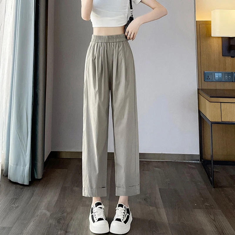 

Модные однотонные повседневные брюки с эластичными карманами, женская одежда, весна-лето 2023, новые свободные универсальные укороченные брюки с высокой талией