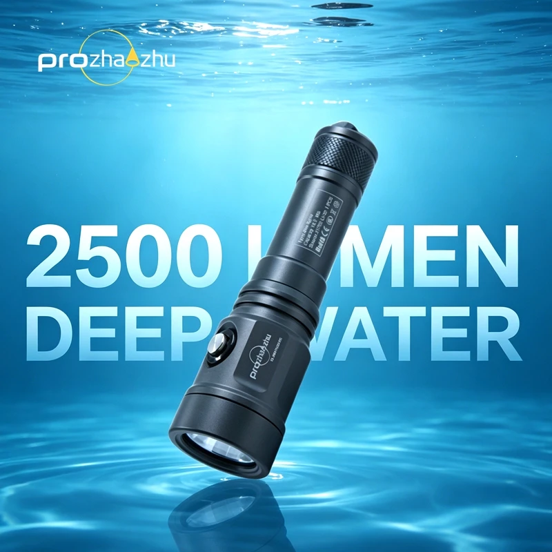 PROZHAOZHU DL-B50-PLUS 2500LM IP68 100M Deep Waterproof USB-C Rechargeable Scuba Diving Flashlight Grey Underwater Torch