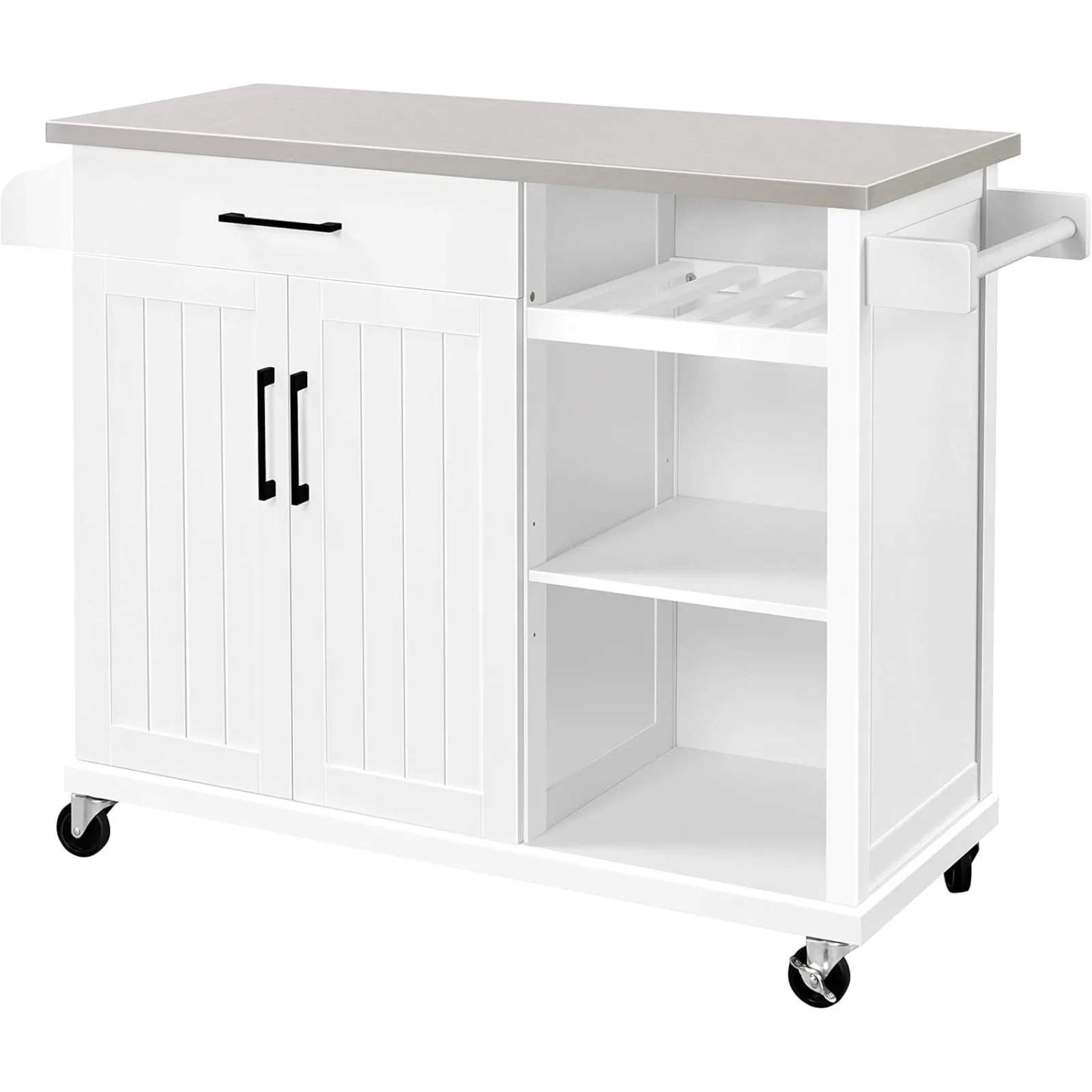 

US Kitchen Island on Wheels, Rolling Utility Trolley with Stainless Steel Countertop and Storage Cabinet, 1 Drawer,